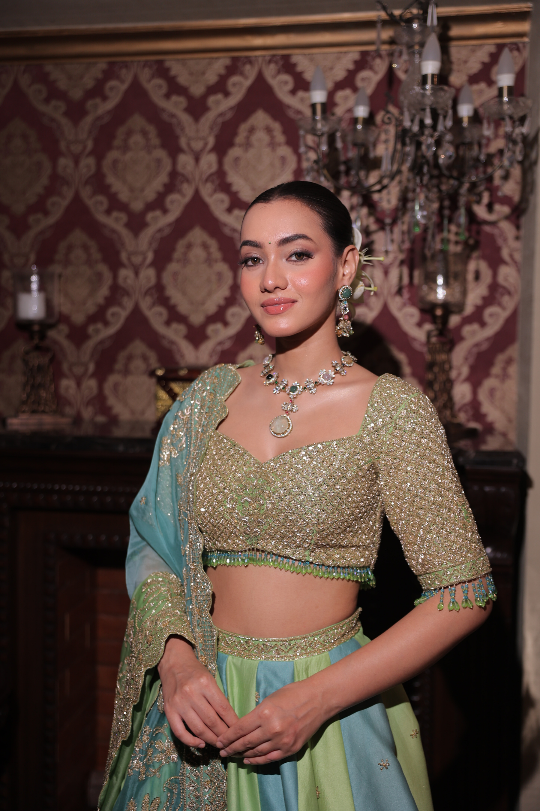 FARSANA – Firozi Green Silk Chanderi Lehenga