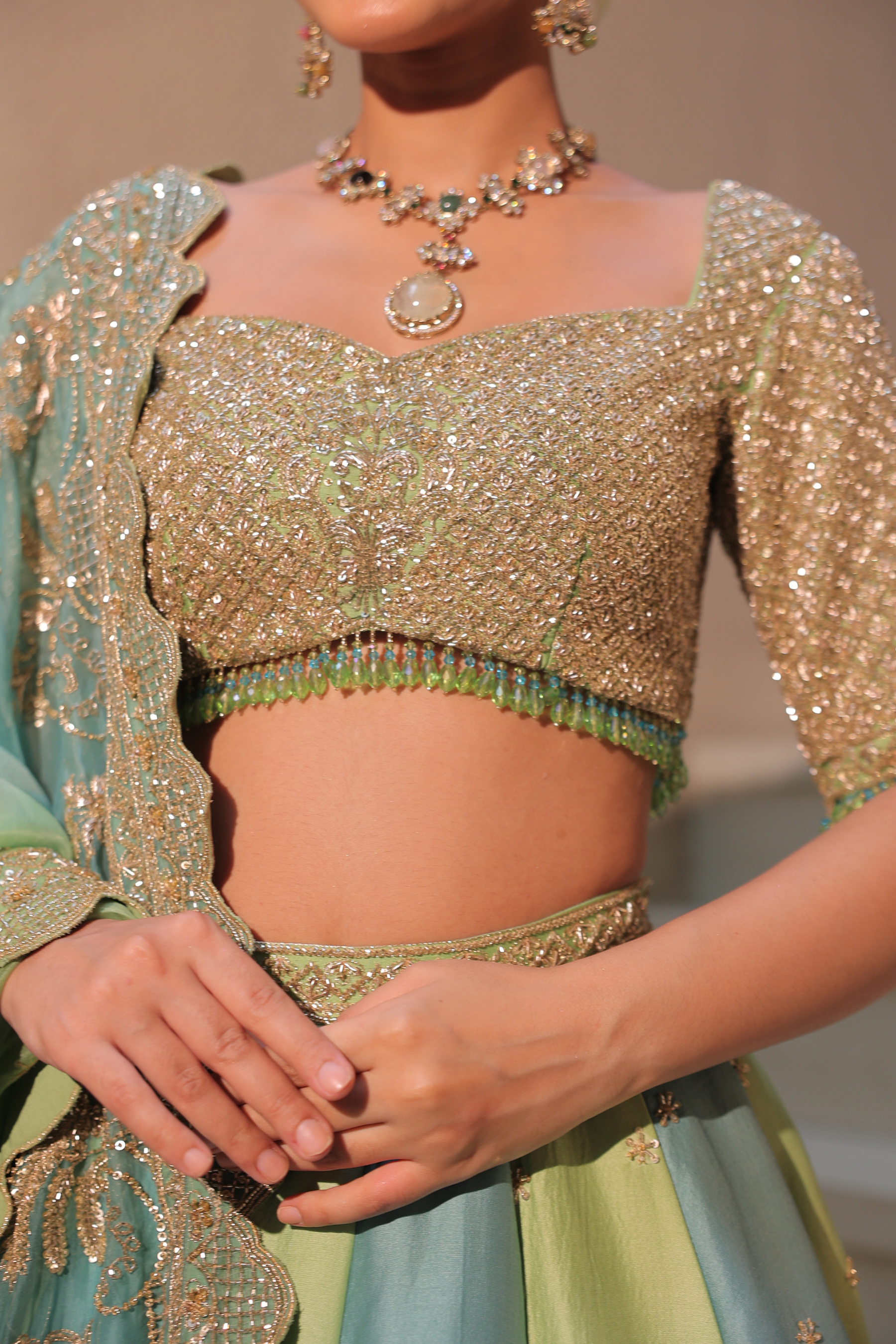 FARSANA – Firozi Green Silk Chanderi Lehenga