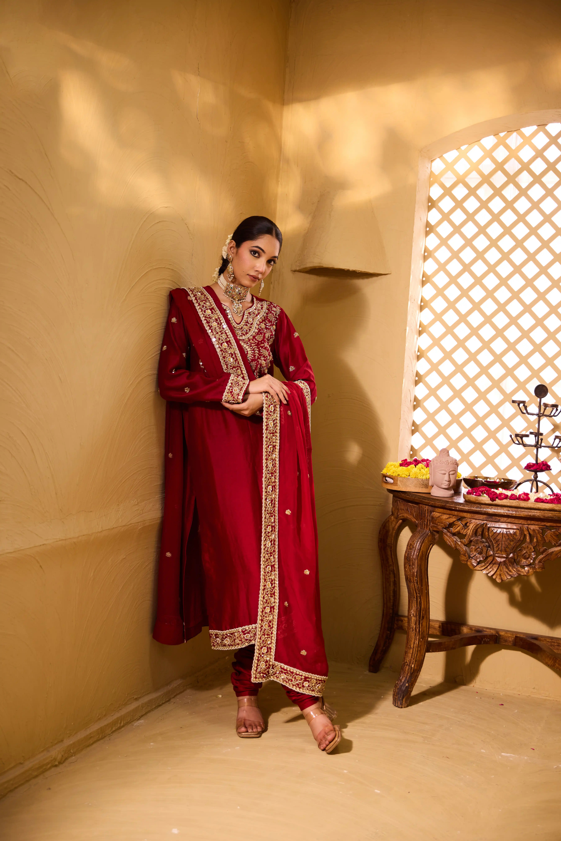 SIMAR- A jewel neck  Silk chanderi kurta set