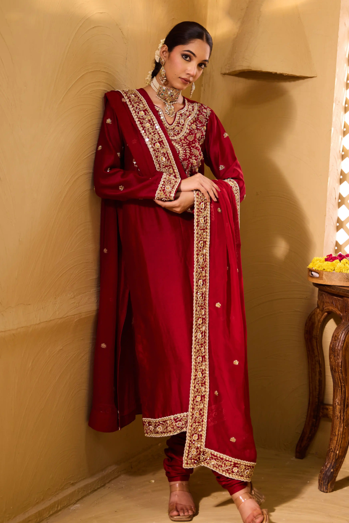 SIMAR- A jewel neck  Silk chanderi kurta set