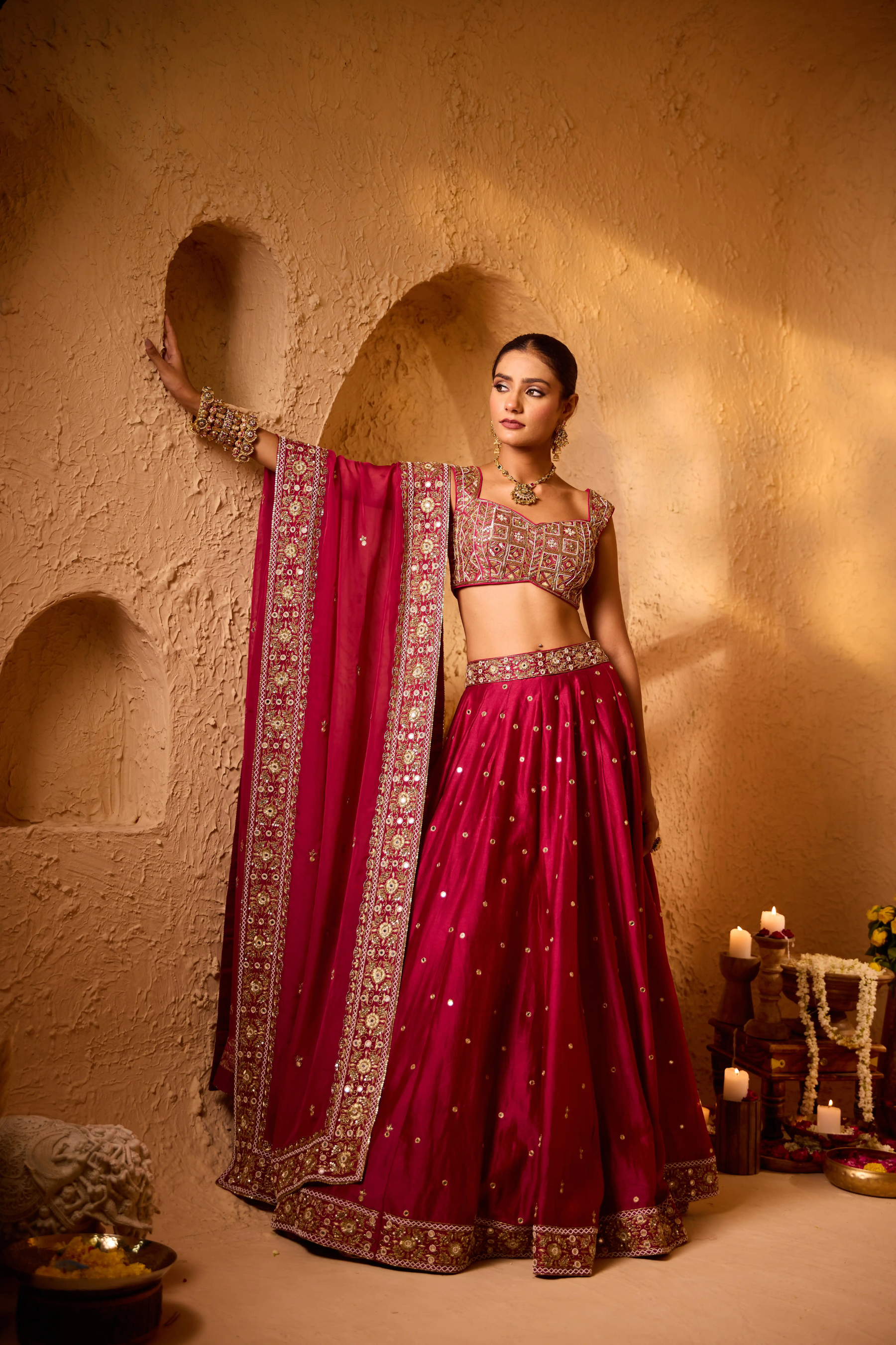 HARNOOR Silk Chanderi Lehenga with Dabka & Mirror Work