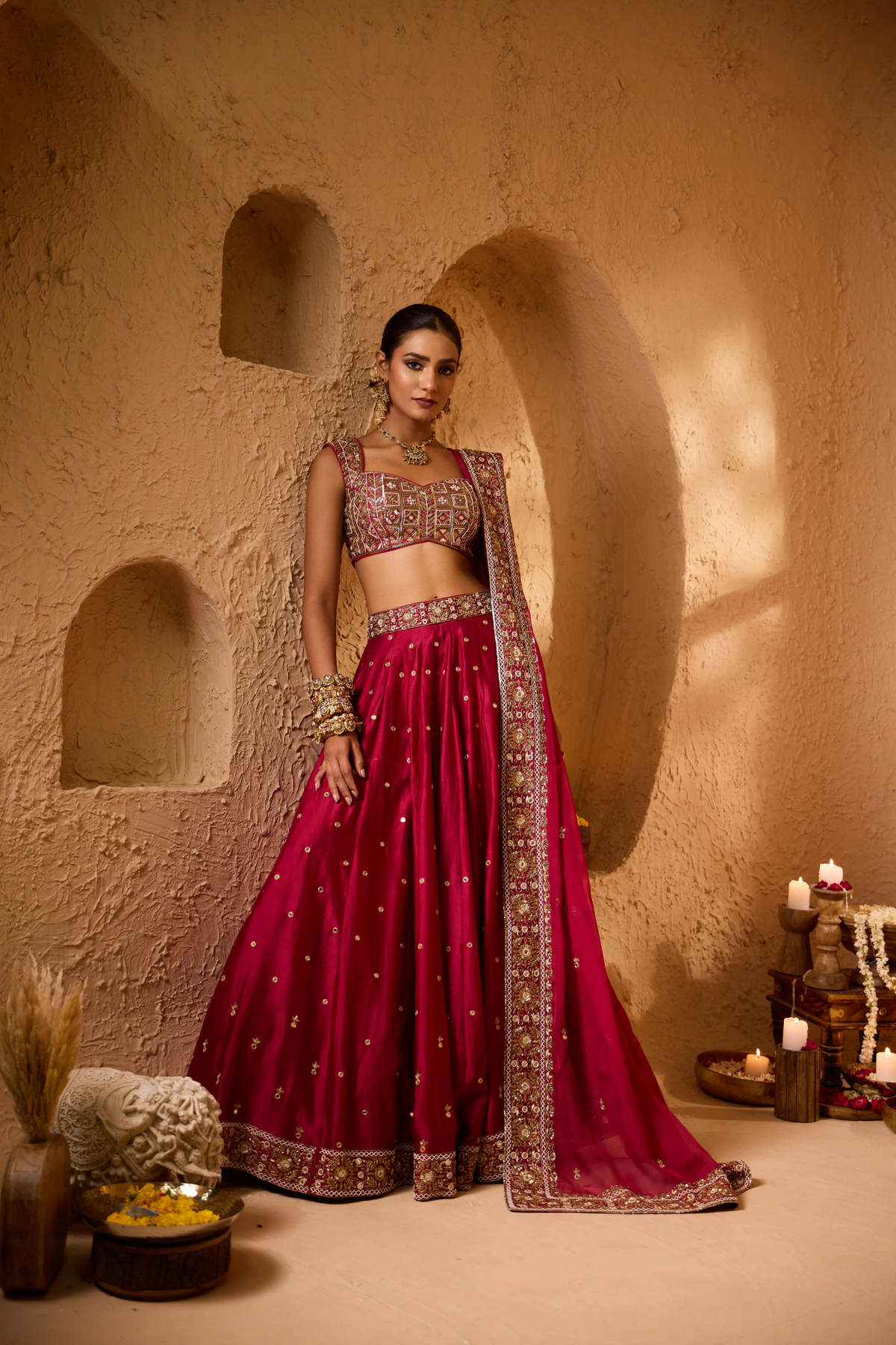 HARNOOR Silk Chanderi Lehenga with Dabka & Mirror Work