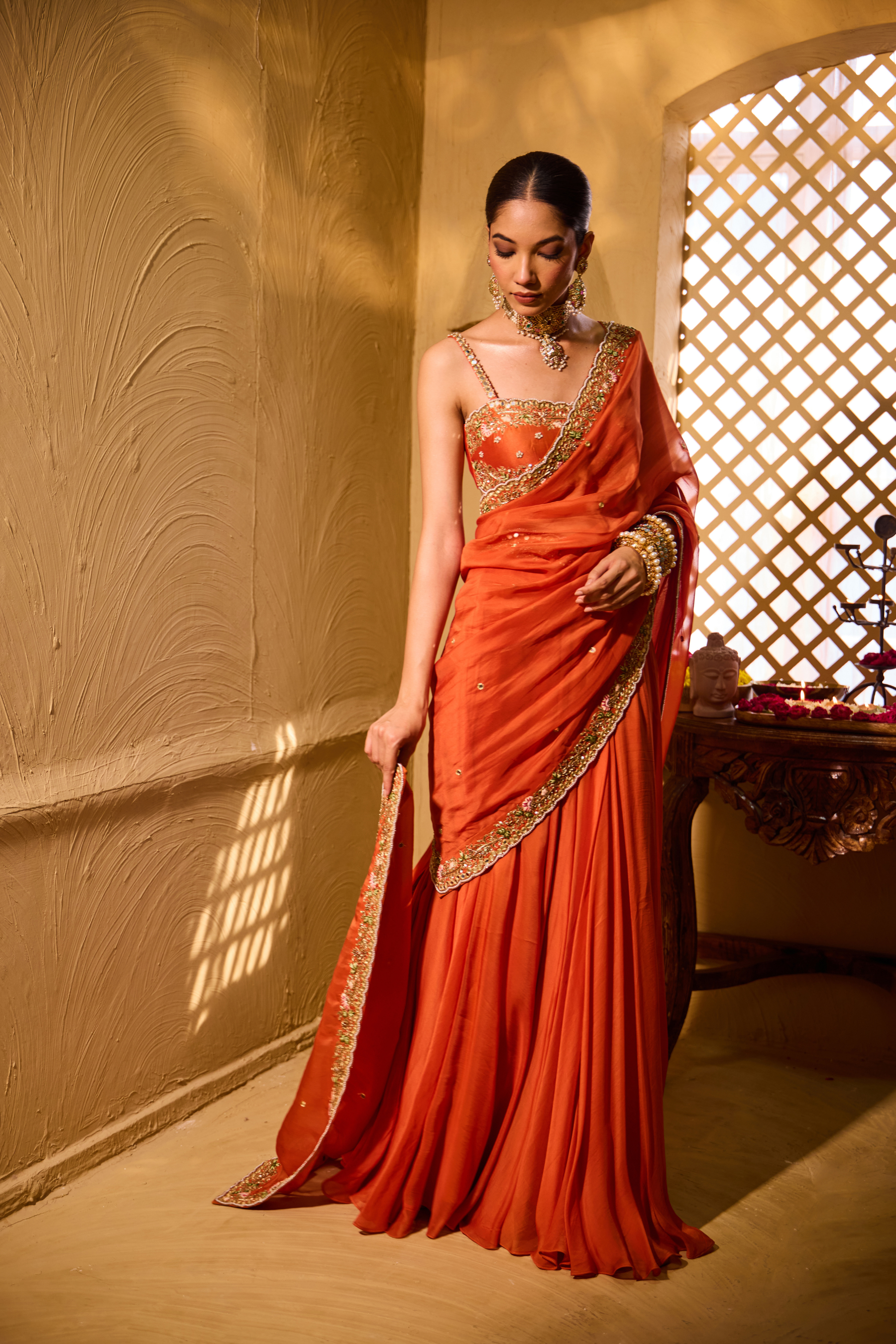 CHAAND – Rust Saffron Lehenga Drape Saree