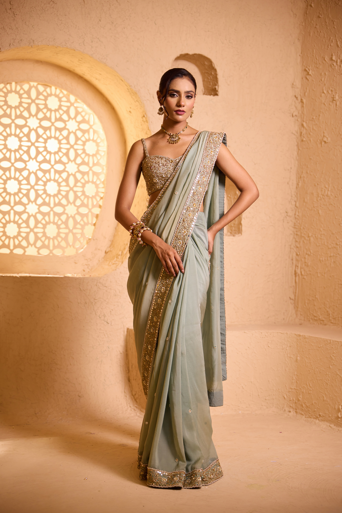 SAFAR – Sage Green Zardozi Saree