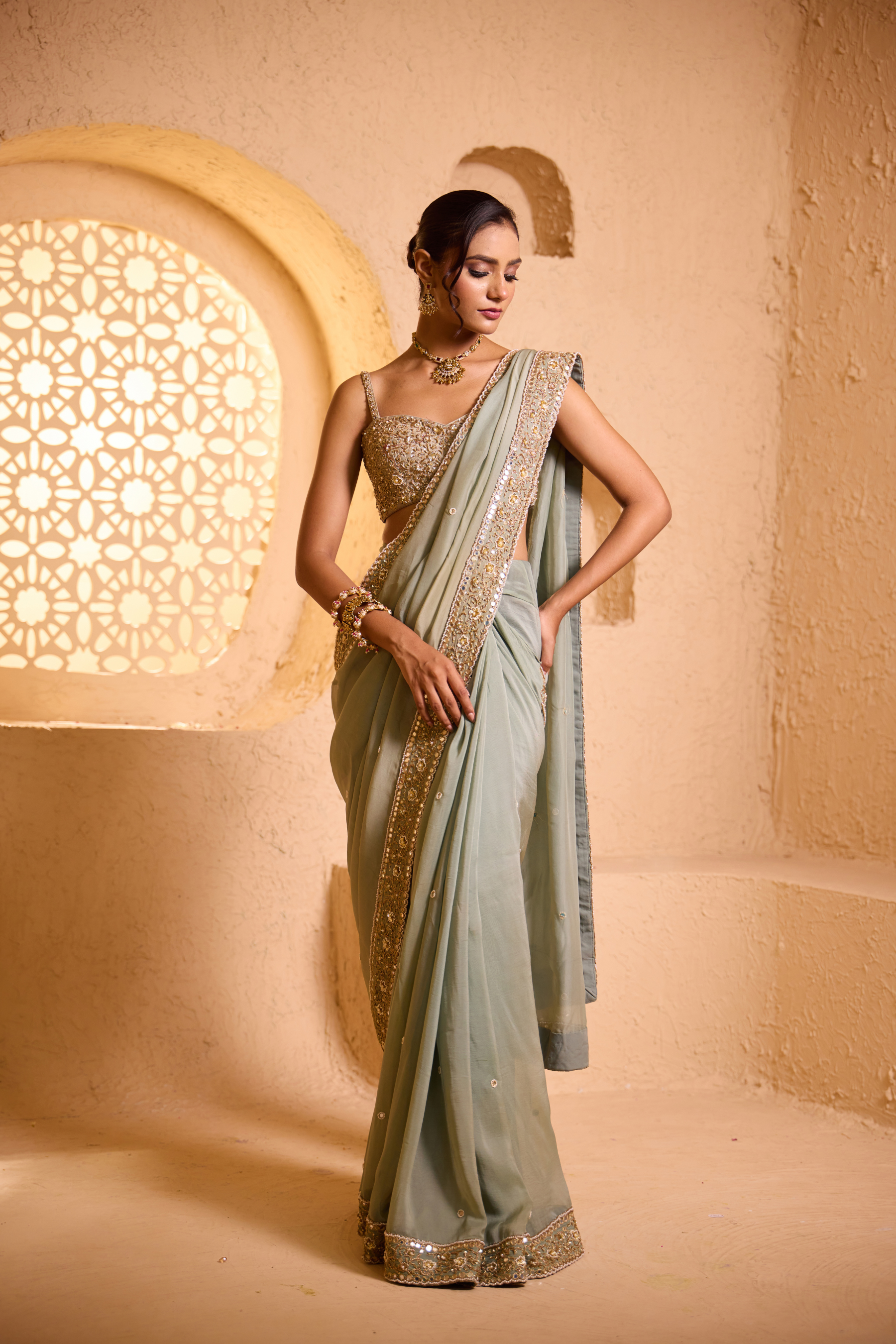 SAFAR – Sage Green Zardozi Saree