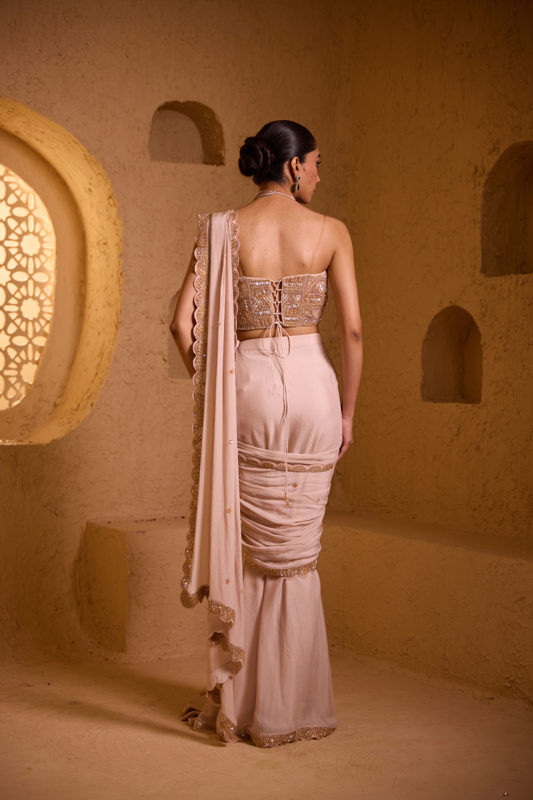 VERVE – Almond Gold Pleated Saree