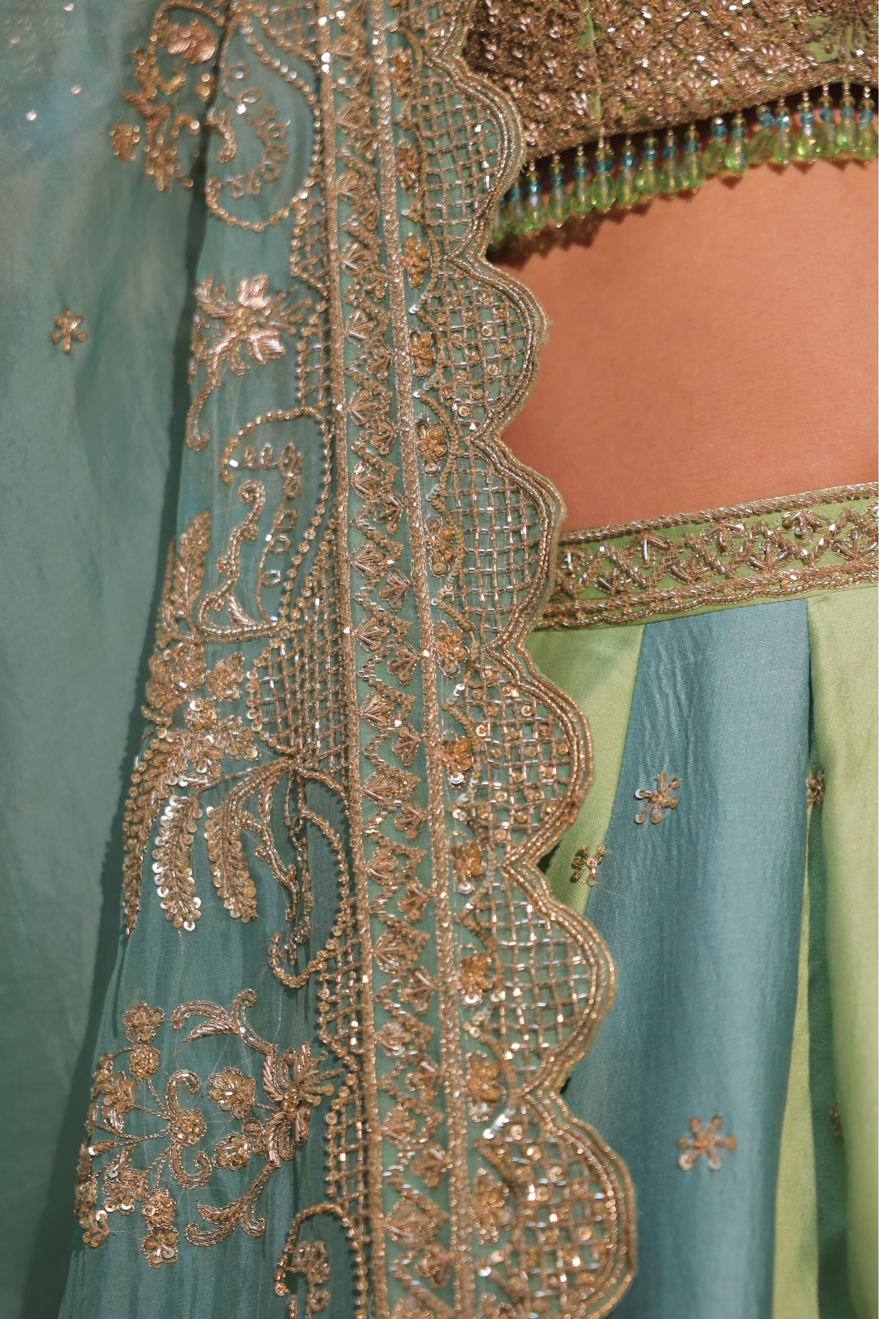 FARSANA – Firozi Green Silk Chanderi Lehenga