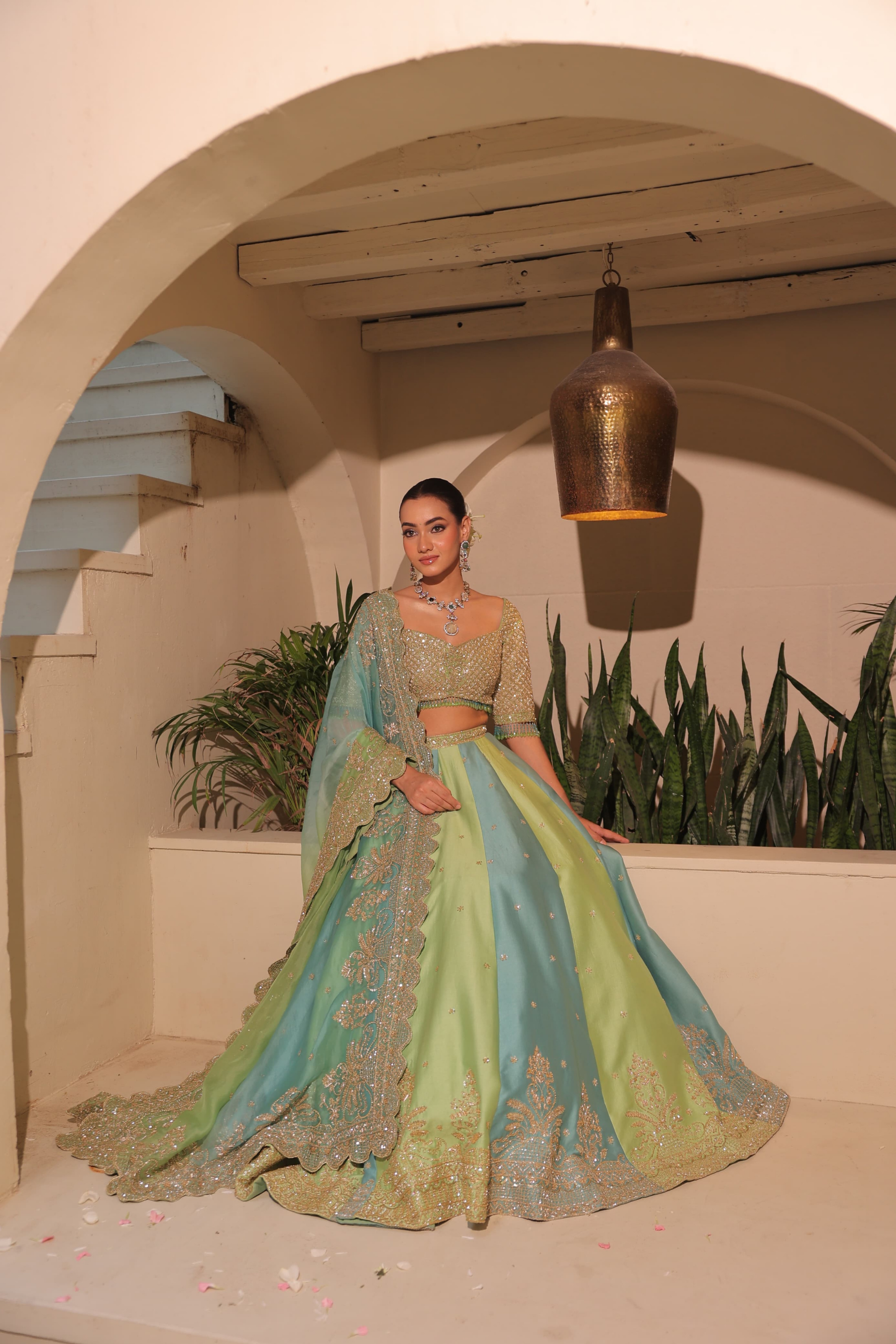 FARSANA – Firozi Green Silk Chanderi Lehenga