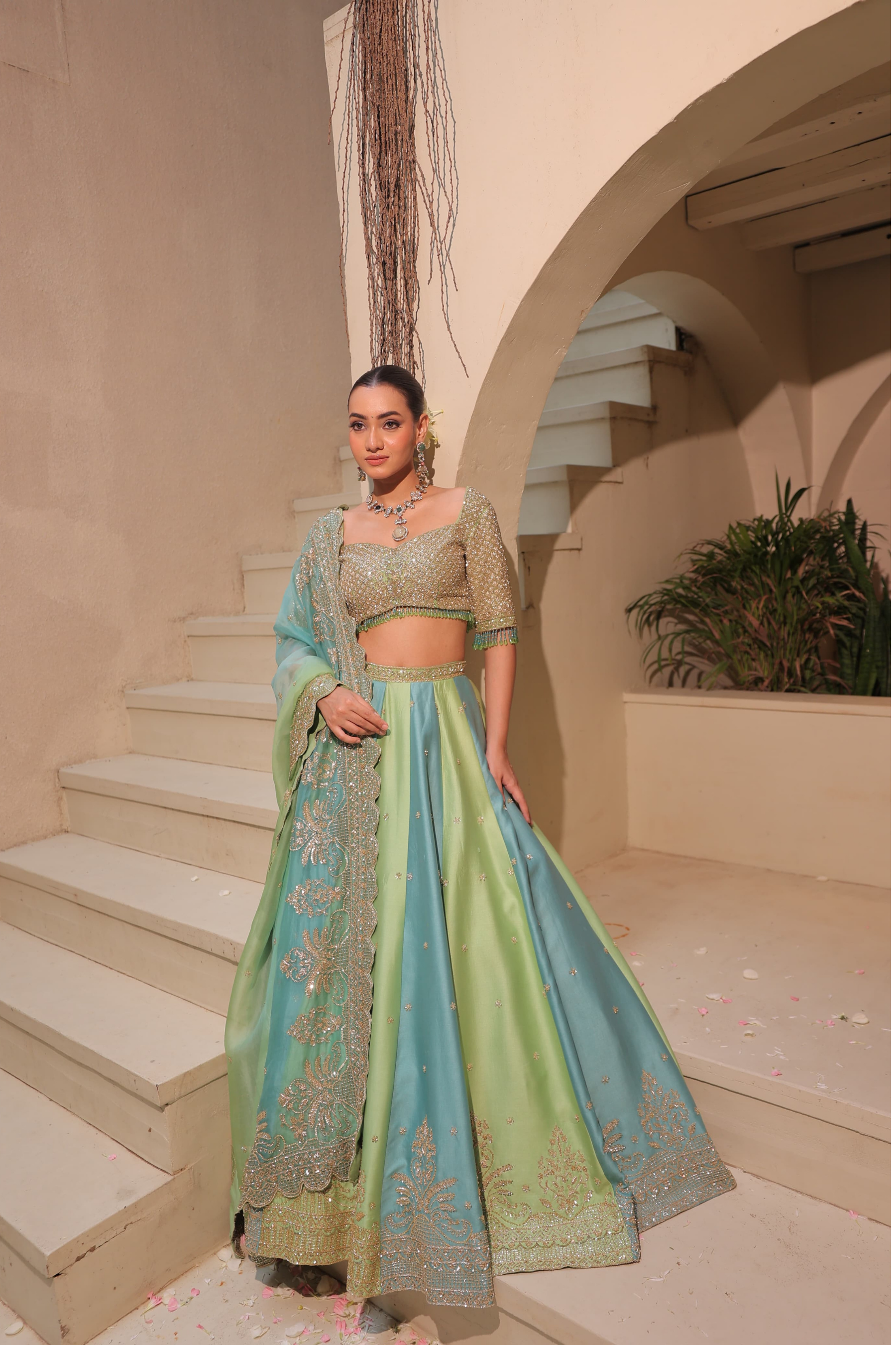 FARSANA – Firozi Green Silk Chanderi Lehenga
