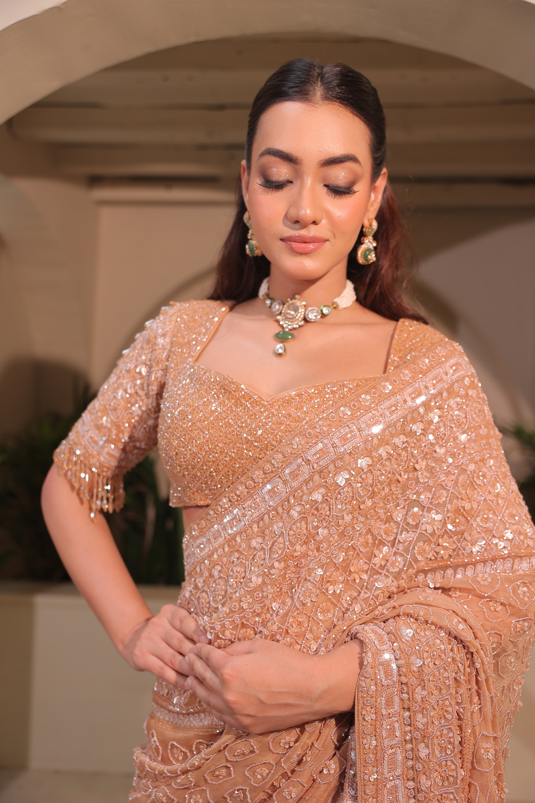 MEHER – Beige Gold Bridal Saree