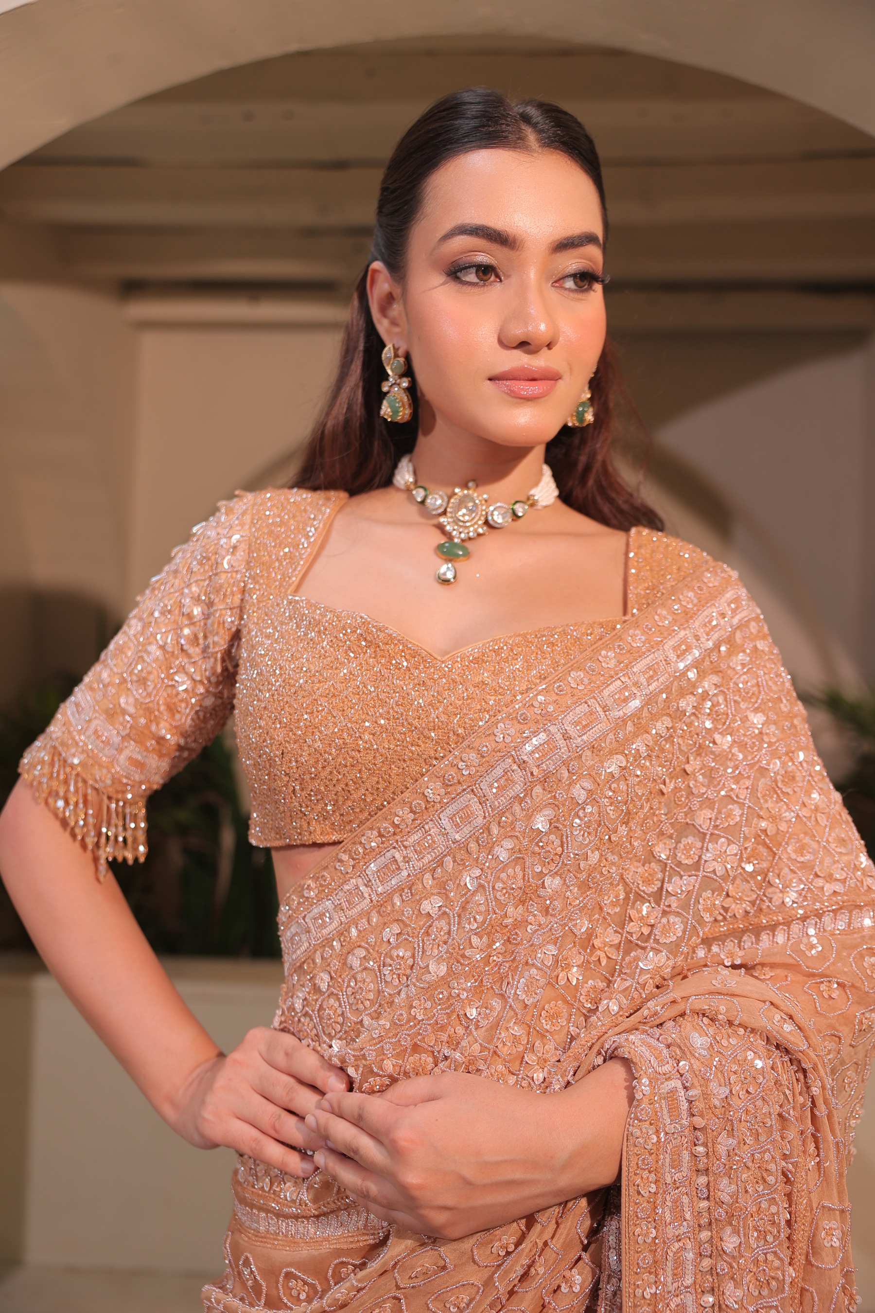 MEHER – Beige Gold Bridal Saree