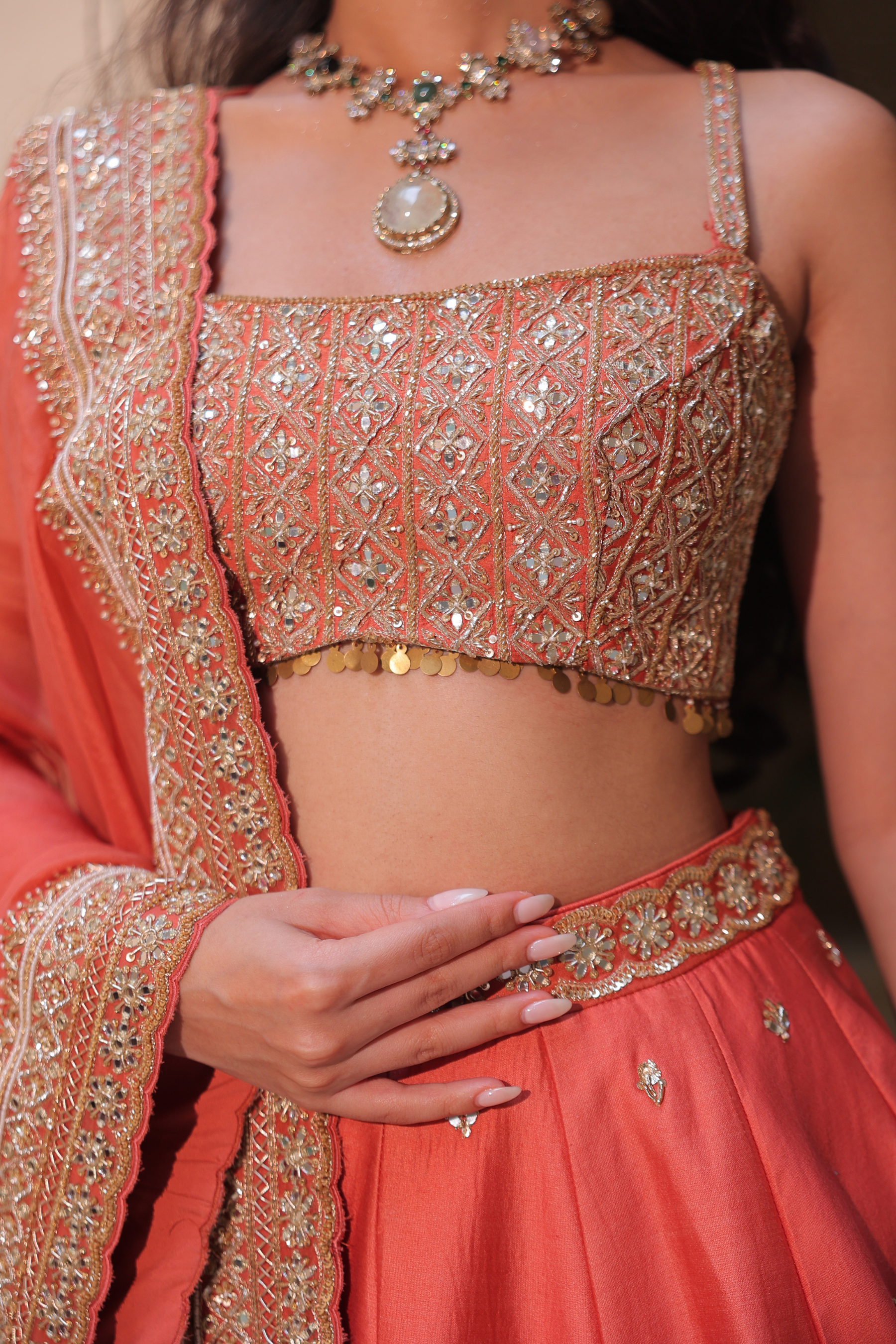 MEHFIL – Coral Orange Zardozi Lehenga