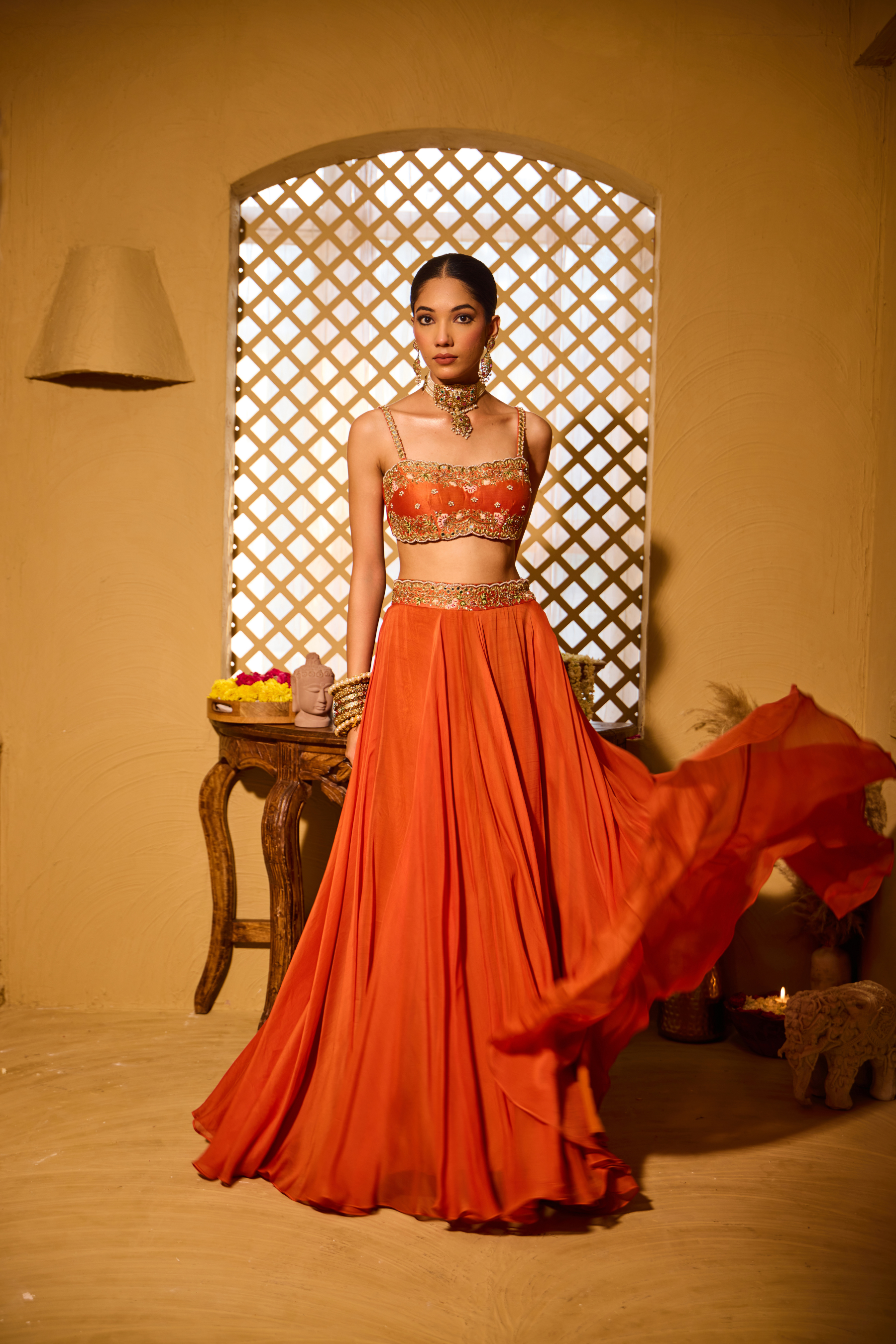 CHAAND – Rust Saffron Lehenga Drape Saree