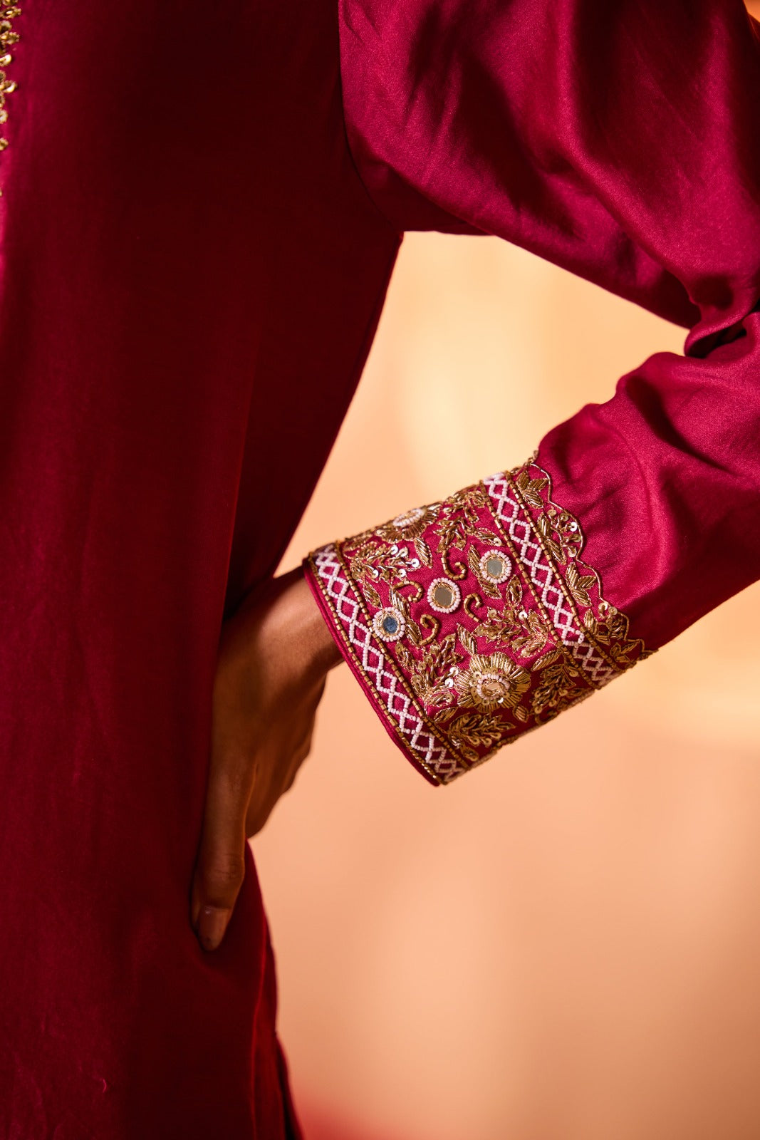 ABROO – Mehroon Silk Chanderi Sharara Set