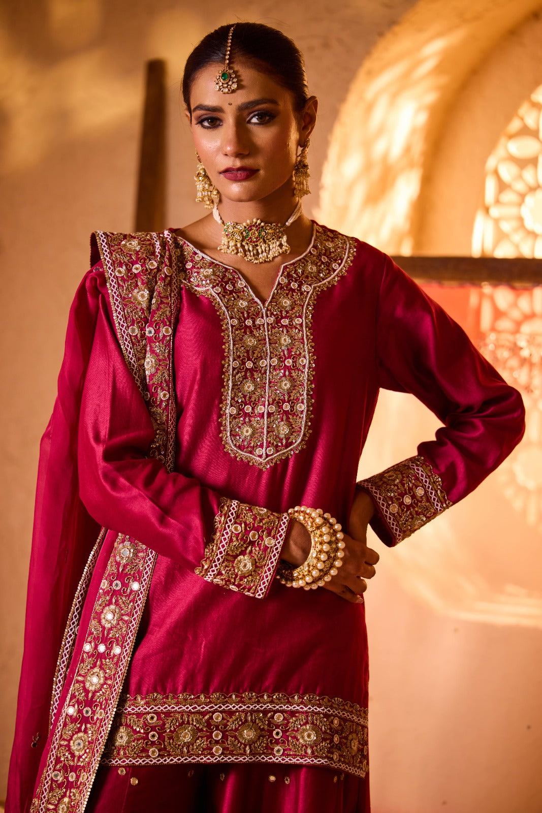 ABROO – Mehroon Silk Chanderi Sharara Set