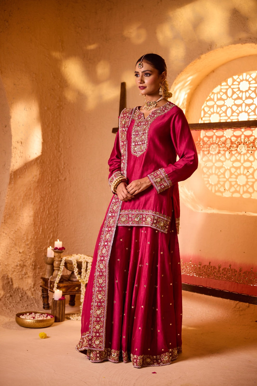 ABROO – Mehroon Silk Chanderi Sharara Set