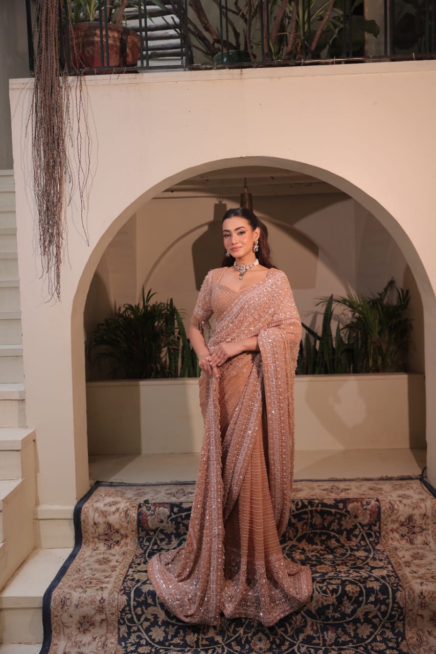 MEHER – Beige Gold Bridal Saree