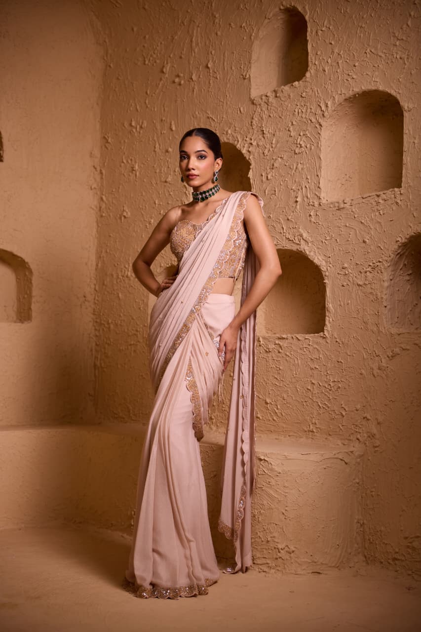 VERVE – Almond Gold Pleated Saree