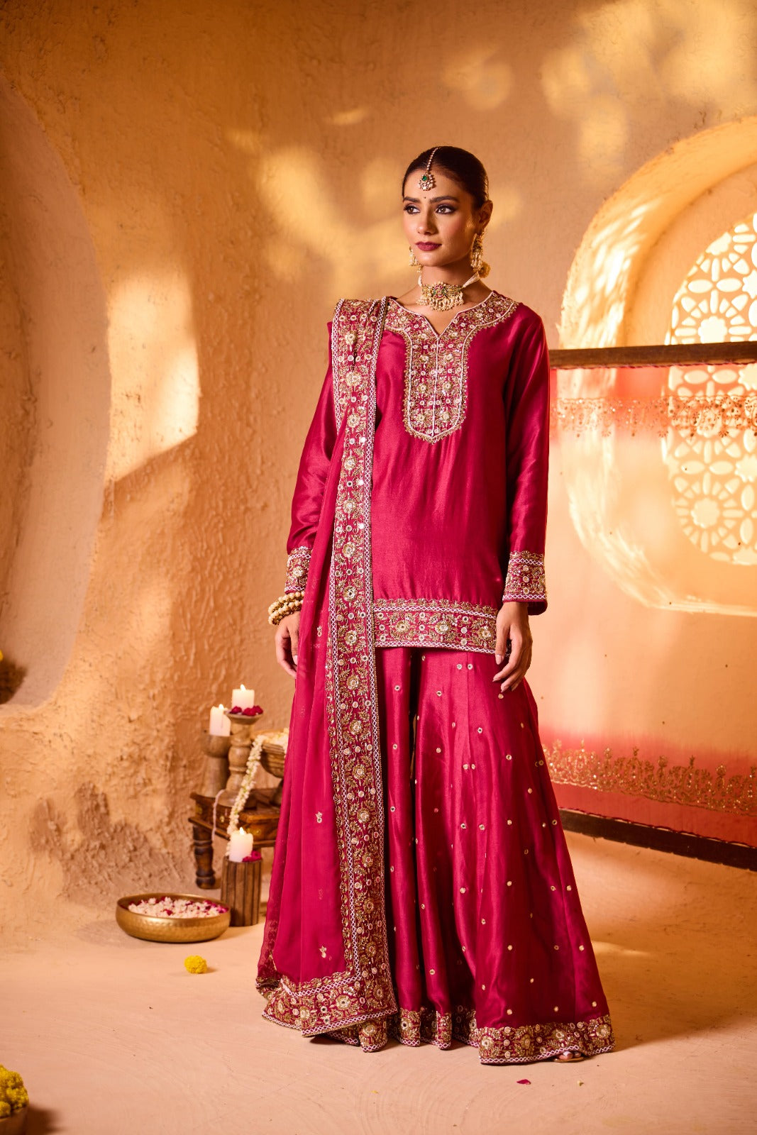 ABROO – Mehroon Silk Chanderi Sharara Set