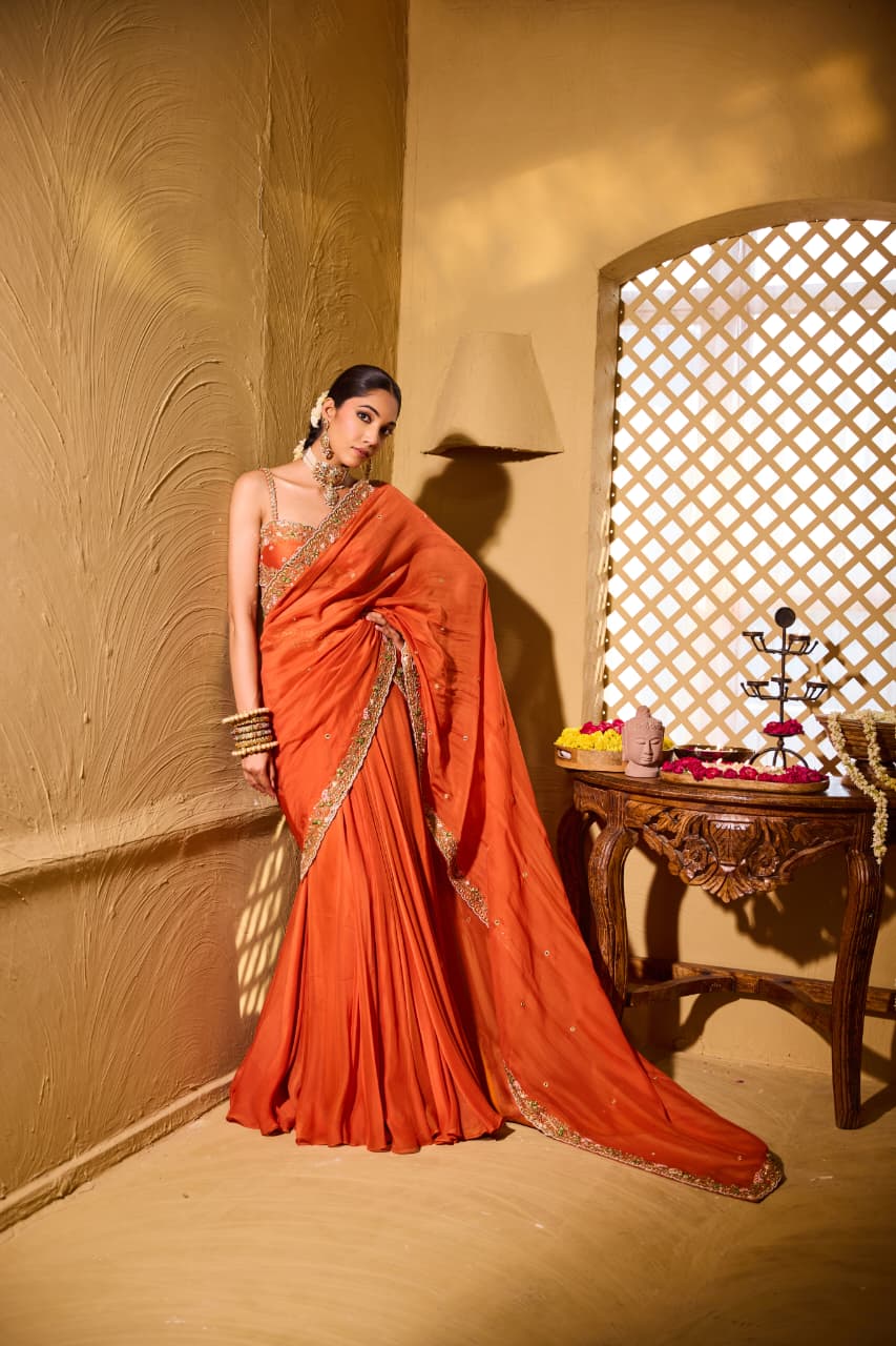 CHAAND – Rust Saffron Lehenga Drape Saree